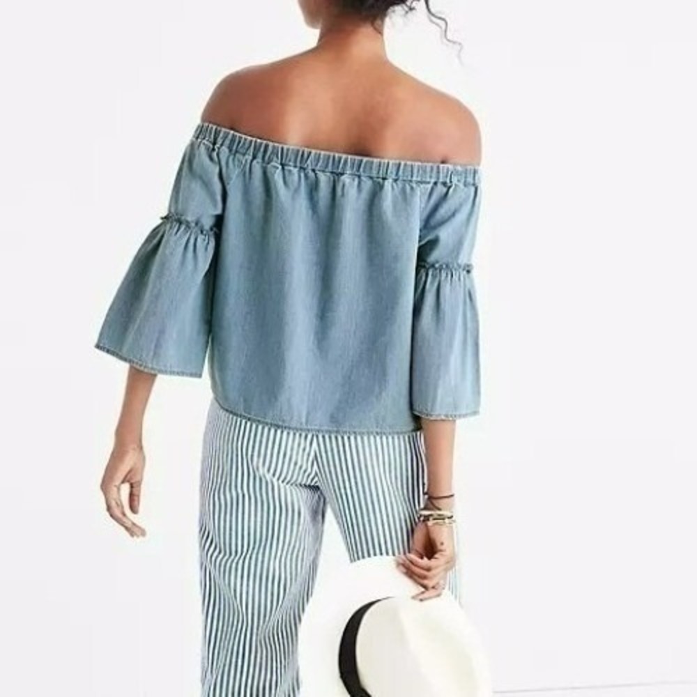 Madewell Crop Top Off The Shoulder Boho Chambray Denim Bell Sleeve Women Small‎